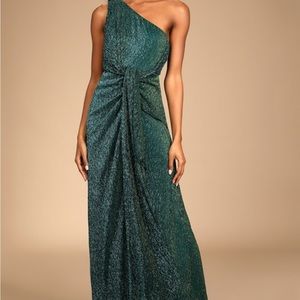 Glamorous Glitz Shiny Teal One Shoulder Maxi (Lulus)